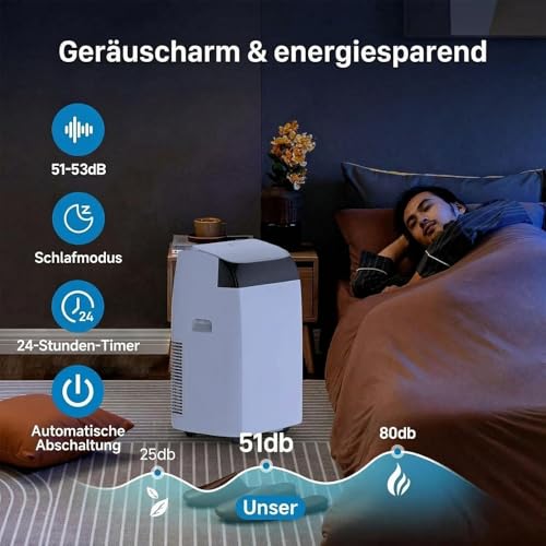 Garvee Klimaanlage Mobil 12000 BTU, 4-in-1 Mobile Klimaanlage mit Abluftschlauch Fernbedienung, Leise 51dB, Kühlen/Entfeuchten/Ventilator/Schlafmodus, Follow-Me, Kältemittel R290, für Räume bis 50㎡ – Bild 3