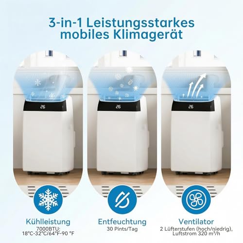 Garvee Klimaanlage Mobil 12000 BTU, 4-in-1 Mobile Klimaanlage mit Abluftschlauch Fernbedienung, Leise 51dB, Kühlen/Entfeuchten/Ventilator/Schlafmodus, Follow-Me, Kältemittel R290, für Räume bis 50㎡ – Bild 5