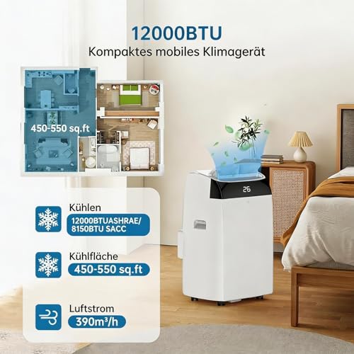 Garvee Klimaanlage Mobil 12000 BTU, 4-in-1 Mobile Klimaanlage mit Abluftschlauch Fernbedienung, Leise 51dB, Kühlen/Entfeuchten/Ventilator/Schlafmodus, Follow-Me, Kältemittel R290, für Räume bis 50㎡ – Bild 8