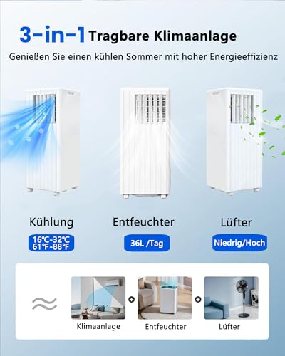 Garvee Klimaanlage Mobil Klimagerät 7000 BTU, 3 in 1 Kühlen Entfeuchten Lüftermodus Schlafmodus, 2.0KW Mobile Klima mit Abluftschlauch, Fernbedienung,24h-Time, Air Conditioner, Für Räume bis 18-25 m² – Bild 7