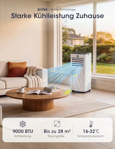 AIRFISH Mobile Klimaanlage 9000 BTU – Leise 4-in-1 Klimaanlage mit LED-Display, Fernbedienung & Rollen | Kühlen, Entfeuchten, Ventilator & Sleep-Modus | Fensterkit inklusive | Für Räume bis 28 m² – Bild 3
