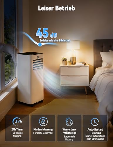 AIRFISH Mobile Klimaanlage 9000 BTU – Leise 4-in-1 Klimaanlage mit LED-Display, Fernbedienung & Rollen | Kühlen, Entfeuchten, Ventilator & Sleep-Modus | Fensterkit inklusive | Für Räume bis 28 m² – Bild 4