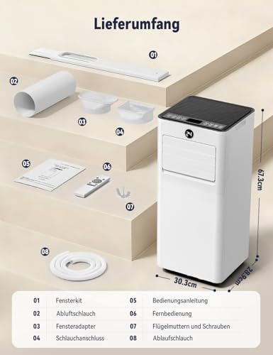 AIRFISH Mobile Klimaanlage 9000 BTU – Leise 4-in-1 Klimaanlage mit LED-Display, Fernbedienung & Rollen | Kühlen, Entfeuchten, Ventilator & Sleep-Modus | Fensterkit inklusive | Für Räume bis 28 m² – Bild 9