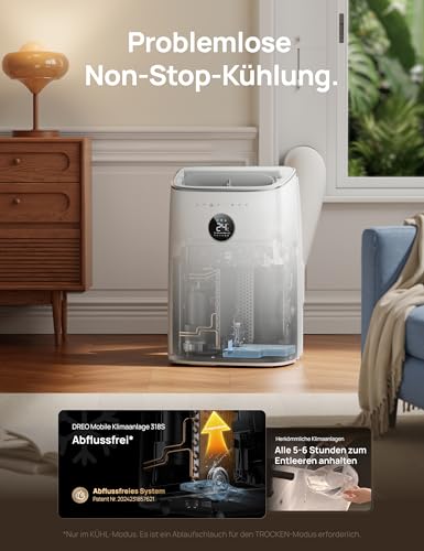 DREO Klimaanlage Mobil, 7.500 BTU Mobiles Klimagerät für Schlafzimmer & Büro, 3-in-1 Kühlen/Ventilieren/Entfeuchten, App-/Sprachsteuerung/Fernbedienung, drainagefrei, Fenster-Set, 2,5 L/h, AC318S – Bild 4