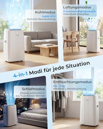 LEENON 14000 BTU Klimaanlage Mobil Klimagerät, 4 in 1 Kühlen Entfeuchten Lüftermodus Schlafmodus, Mobile Klima mit Abluftschlauch, Fernbedienung/24h Timer, Auto-Swing Air Conditioner, Für bis 50m² – Bild 3