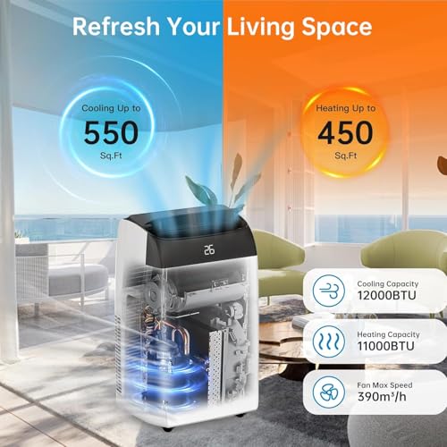 GarveeHome Mobile Klimaanlage 12000 BTU, 3-in-1 Klimagerät Mit Abluftschlauch, Leise, Digitaldisplay, Fernbedienung, 24h-Timer, Fenster-Installationsset, Für Räume Bis 51m² Schwarz – Bild 4