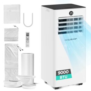 HAUSHOF Mobile Klimaanlage 9000 BTU, 4-in-1 Klimagerät mit Abluftschlauch, Kühlen/Entfeuchten/Ventilieren/Nachtmodus, 330 m³/h, Fernbedienung, mit Fensterdichtungsset, für Räume bis 30 m²