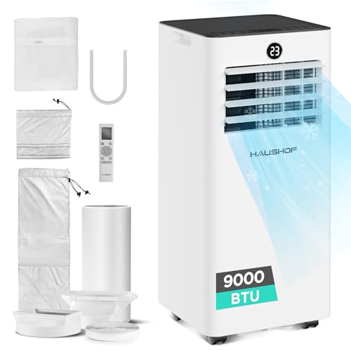 HAUSHOF Mobile Klimaanlage 9000 BTU, 4-in-1 Klimagerät mit Abluftschlauch, Kühlen/Entfeuchten/Ventilieren/Nachtmodus, 330 m³/h, Fernbedienung, mit Fensterdichtungsset, für Räume bis 30 m²