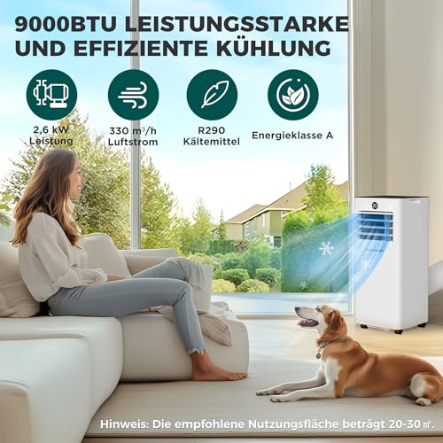 HAUSHOF Mobile Klimaanlage 9000 BTU, 4-in-1 Klimagerät mit Abluftschlauch, Kühlen/Entfeuchten/Ventilieren/Nachtmodus, 330 m³/h, Fernbedienung, mit Fensterdichtungsset, für Räume bis 30 m² – Bild 2