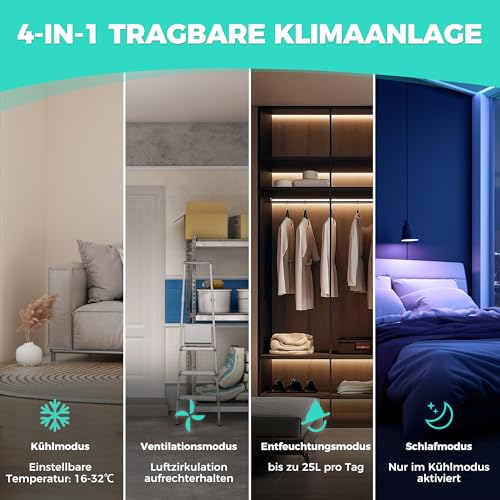 HAUSHOF Mobile Klimaanlage 9000 BTU, 4-in-1 Klimagerät mit Abluftschlauch, Kühlen/Entfeuchten/Ventilieren/Nachtmodus, 330 m³/h, Fernbedienung, mit Fensterdichtungsset, für Räume bis 30 m² – Bild 3