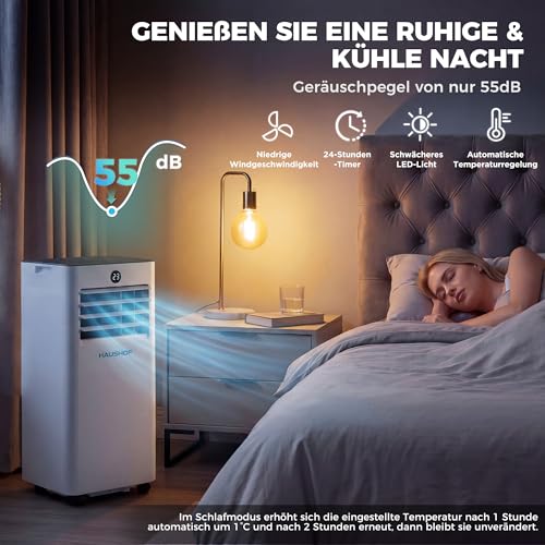 HAUSHOF Mobile Klimaanlage 9000 BTU, 4-in-1 Klimagerät mit Abluftschlauch, Kühlen/Entfeuchten/Ventilieren/Nachtmodus, 330 m³/h, Fernbedienung, mit Fensterdichtungsset, für Räume bis 30 m² – Bild 4