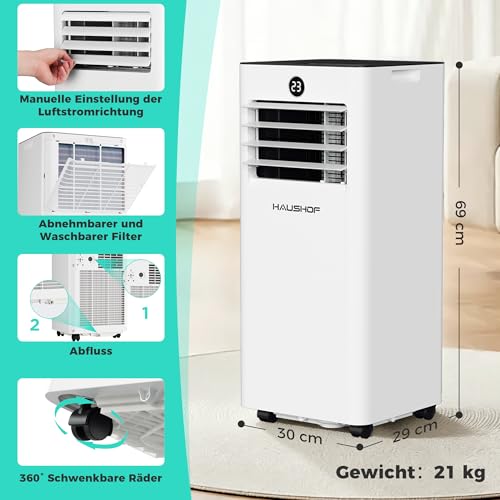 HAUSHOF Mobile Klimaanlage 9000 BTU, 4-in-1 Klimagerät mit Abluftschlauch, Kühlen/Entfeuchten/Ventilieren/Nachtmodus, 330 m³/h, Fernbedienung, mit Fensterdichtungsset, für Räume bis 30 m² – Bild 7