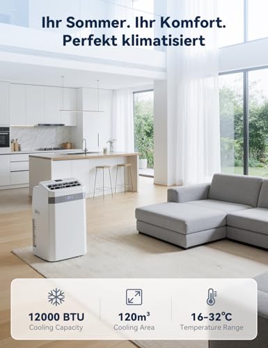 JUMMICO 12000 BTU Mobile Klimaanlage mit Abluftschlauch & Fensterkit | 4-in-1: Kühlen, Entfeuchten, Ventilator, Schlafmodus | Leise (45 dB) | Mit Fernbedienung & Timer | Für Räume bis 40 m² – Bild 3