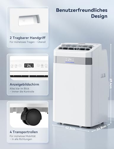 JUMMICO 12000 BTU Mobile Klimaanlage mit Abluftschlauch & Fensterkit | 4-in-1: Kühlen, Entfeuchten, Ventilator, Schlafmodus | Leise (45 dB) | Mit Fernbedienung & Timer | Für Räume bis 40 m² – Bild 6