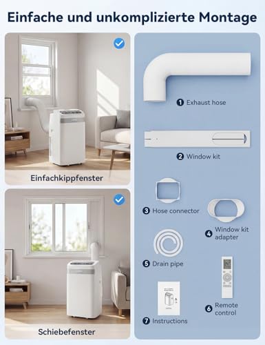 JUMMICO 12000 BTU Mobile Klimaanlage mit Abluftschlauch & Fensterkit | 4-in-1: Kühlen, Entfeuchten, Ventilator, Schlafmodus | Leise (45 dB) | Mit Fernbedienung & Timer | Für Räume bis 40 m² – Bild 7