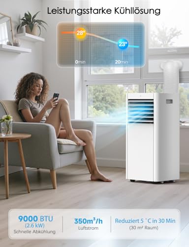 Klimageräte, 4-in-1 9000 BTU Mobile Klimaanlage für Räume bis zu 35 m² mit Luftkühler, Ventilator, Luftentfeuchter, Nachtmodus| Fernbedienung Timer Kindersicherung | AUTO Klimaanlage Mobil – Bild 2
