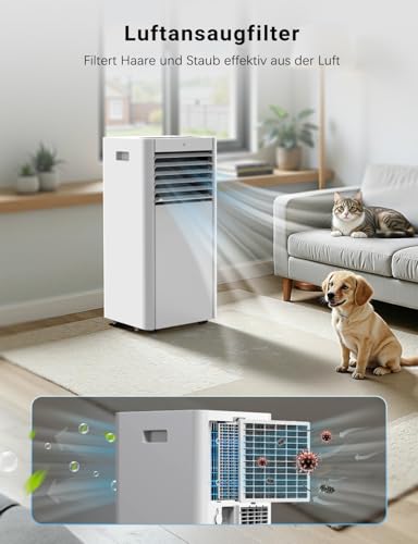 Klimageräte, 4-in-1 9000 BTU Mobile Klimaanlage für Räume bis zu 35 m² mit Luftkühler, Ventilator, Luftentfeuchter, Nachtmodus| Fernbedienung Timer Kindersicherung | AUTO Klimaanlage Mobil – Bild 6