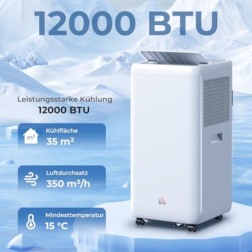 HOMCOM Mobiles Klimagerät mit Abluftschlauch 12000 BTU 3,5 kW, 5-in-1 Mobile Klimaanlage Kühlen, Ventilieren, Entfeuchten, Automatikmodus & Schlafmodus, 24h-Timer, Fernbedienung, für Räume bis 35㎡ – Bild 2