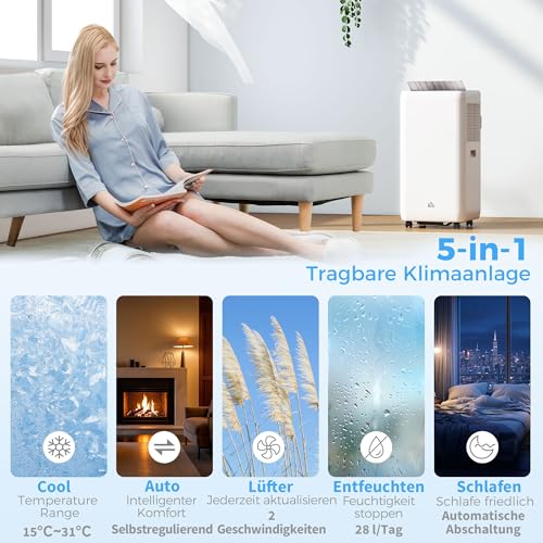 HOMCOM Mobiles Klimagerät mit Abluftschlauch 12000 BTU 3,5 kW, 5-in-1 Mobile Klimaanlage Kühlen, Ventilieren, Entfeuchten, Automatikmodus & Schlafmodus, 24h-Timer, Fernbedienung, für Räume bis 35㎡ – Bild 3