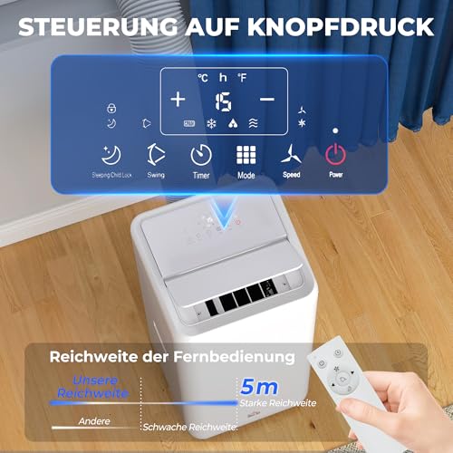 HOMCOM Mobiles Klimagerät mit Abluftschlauch 12000 BTU 3,5 kW, 5-in-1 Mobile Klimaanlage Kühlen, Ventilieren, Entfeuchten, Automatikmodus & Schlafmodus, 24h-Timer, Fernbedienung, für Räume bis 35㎡ – Bild 5