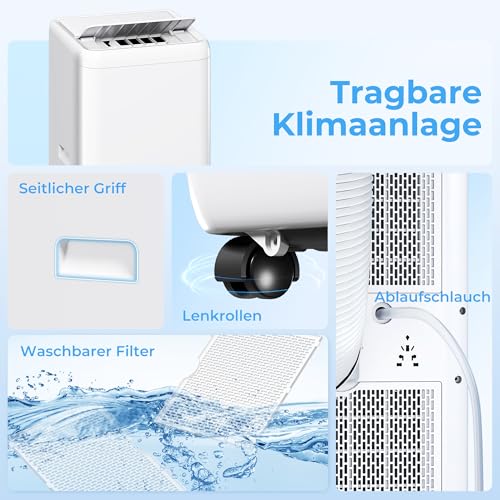 HOMCOM Mobiles Klimagerät mit Abluftschlauch 12000 BTU 3,5 kW, 5-in-1 Mobile Klimaanlage Kühlen, Ventilieren, Entfeuchten, Automatikmodus & Schlafmodus, 24h-Timer, Fernbedienung, für Räume bis 35㎡ – Bild 9
