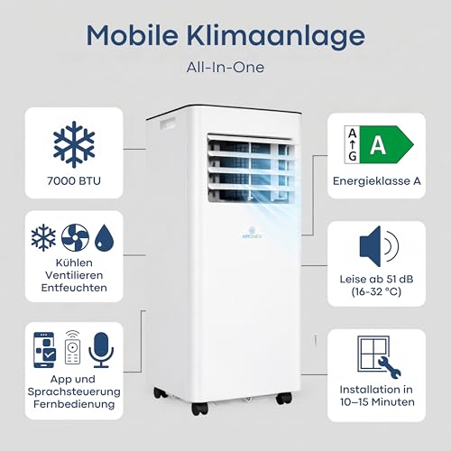 Aironex Mobiles Klimagerät 7000 BTU – Klimaanlage Weiß – Klimagerät mit Fensterabdichtung – Leise Klimaanlage mit Fernbedienung – Mobiles Klimagerät für Schlafzimmer, Wohnzimmer und Büro – Bild 6