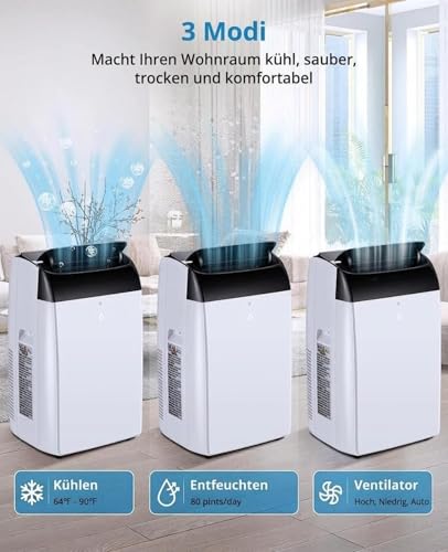 Tragbare Klimaanlage 12000 BTU, 3-in-1 Klimagerät mit Fernbedienung, 48 dB Leise, Selbstverdampfungstechnologie, Entfeuchtung 80 Pints/Tag, Mobile Klimaanlage für Wohnung Büro Schlafzimmer Weiß – Bild 4