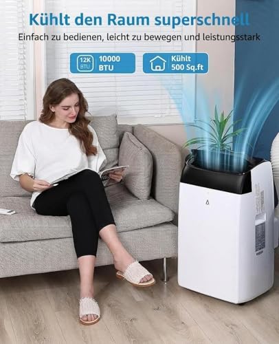 Tragbare Klimaanlage 12000 BTU, 3-in-1 Klimagerät mit Fernbedienung, 48 dB Leise, Selbstverdampfungstechnologie, Entfeuchtung 80 Pints/Tag, Mobile Klimaanlage für Wohnung Büro Schlafzimmer Weiß – Bild 6