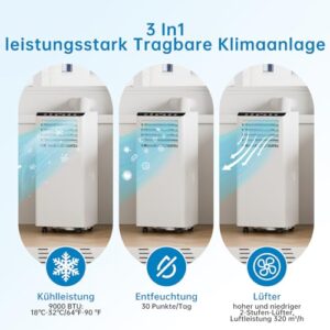 Alternative view of Tragbare Klimaanlage Mobil 9000 BTU, 3-in-1 Klimagerät mit Fernbedienung, 320 m³/h Luftstrom, Entfeuchtung 30 Pints/Tag, Leise Kompakte Raumklimaanlage für Schlafzimmer Büro Wohnmobil Weiß