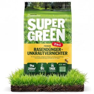 Supergreen Rasendünger mit Unkrautvernichter 2in1 Langzeit bis 75 Tage | 5kg | NPK 22-5-5 für dichten, sattgrünen, unkrautfreien Rasen in 14 Tagen | Effektiv gegen Unkraut | Premium Qualität