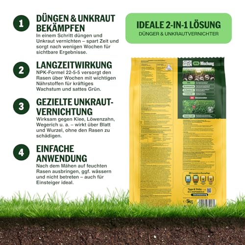 Supergreen Rasendünger mit Unkrautvernichter 2in1 Langzeit bis 75 Tage | 5kg | NPK 22-5-5 für dichten, sattgrünen, unkrautfreien Rasen in 14 Tagen | Effektiv gegen Unkraut | Premium Qualität – Bild 2