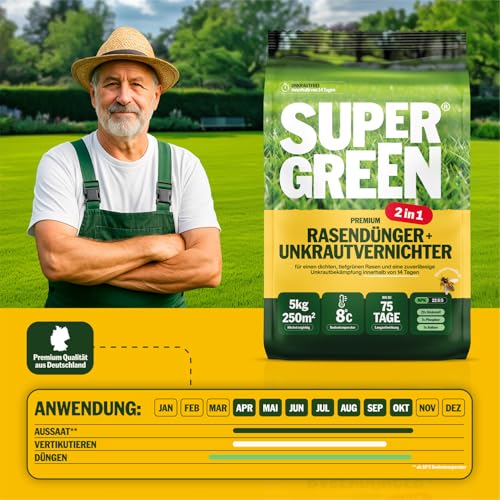 Supergreen Rasendünger mit Unkrautvernichter 2in1 Langzeit bis 75 Tage | 5kg | NPK 22-5-5 für dichten, sattgrünen, unkrautfreien Rasen in 14 Tagen | Effektiv gegen Unkraut | Premium Qualität – Bild 6