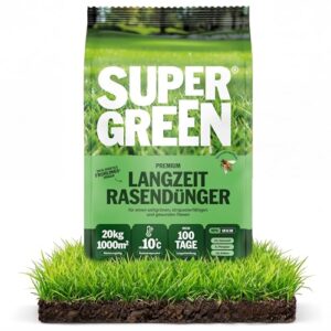 Supergreen Rasendünger Langzeit bis 100 Tage | 20kg | NPK 18-6-10 für schnellen, sattgrünen, dichten Rasen | Nitratfrei & staubfreies Granulat (2-5 mm) | Premium Qualität