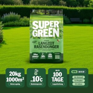 Alternative view of Supergreen Rasendünger Langzeit bis 100 Tage | 20kg | NPK 18-6-10 für schnellen, sattgrünen, dichten Rasen | Nitratfrei & staubfreies Granulat (2-5 mm) | Premium Qualität