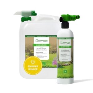 RASENBLITZ Rasendünger Sommer flüssig 5 L – flüssiger Rasendünger für starken Rasen trotz Hitze – ideal zur Ergänzung zu Rasensamen – inkl. Sprühflasche – Anwendung direkt am Gartenschlauch