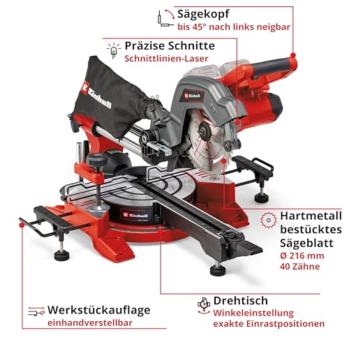 Einhell Akku-Zug-Kapp-Gehrungssäge TE-SM 36/8 L Li-Solo Power X-Change (36 V, max. 65 mm x 305 mm Schnitttiefe/-breite, Ø 216 mm Sägeblatt, neigbarer Sägekopf, ohne Akku) – Bild 3