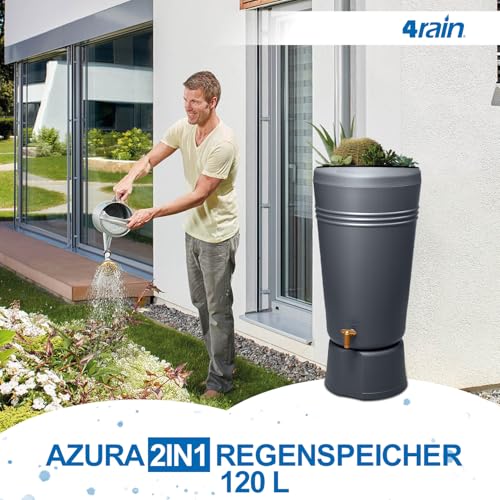 4rain Azura 2in1 Regentonne 120 Liter Graphite Grey inkl. Pflanzschale und Unterstand - Regenfass mit Hahn - schmale Regenwassertonne in anthrazit - moderner Wassertank für den Garten als Wasserfass – Bild 2