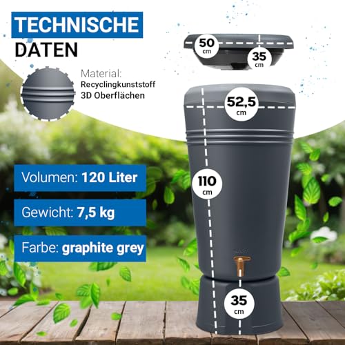 4rain Azura 2in1 Regentonne 120 Liter Graphite Grey inkl. Pflanzschale und Unterstand - Regenfass mit Hahn - schmale Regenwassertonne in anthrazit - moderner Wassertank für den Garten als Wasserfass – Bild 3