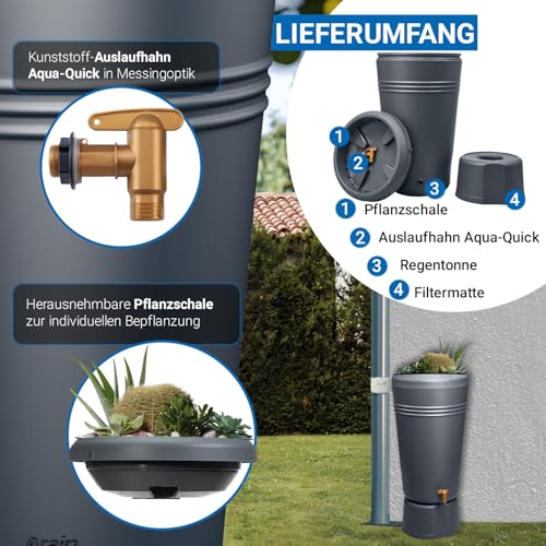 4rain Azura 2in1 Regentonne 120 Liter Graphite Grey inkl. Pflanzschale und Unterstand - Regenfass mit Hahn - schmale Regenwassertonne in anthrazit - moderner Wassertank für den Garten als Wasserfass – Bild 4