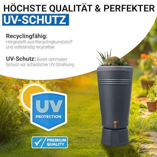 4rain Azura 2in1 Regentonne 120 Liter Graphite Grey inkl. Pflanzschale und Unterstand - Regenfass mit Hahn - schmale Regenwassertonne in anthrazit - moderner Wassertank für den Garten als Wasserfass – Bild 6