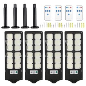 Solar-Stehleuchte – LED-Beleuchtung mit Bewegungssensor | 4 Stück 400 W Sicherheits-Stehleuchte für Parkplatz | für Außen: Hof, Garage, Yard, Garten, Weg, Hinterhof,