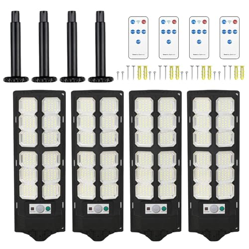 Solar-Stehleuchte – LED-Beleuchtung mit Bewegungssensor | 4 Stück 400 W Sicherheits-Stehleuchte für Parkplatz | für Außen: Hof, Garage, Yard, Garten, Weg, Hinterhof,
