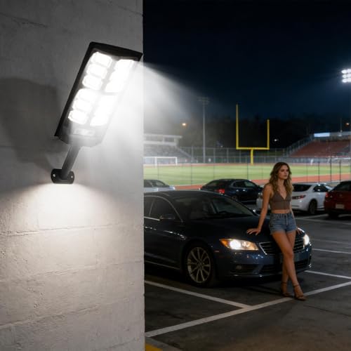 Solar-Stehleuchte – LED-Beleuchtung mit Bewegungssensor | 4 Stück 400 W Sicherheits-Stehleuchte für Parkplatz | für Außen: Hof, Garage, Yard, Garten, Weg, Hinterhof, – Bild 2