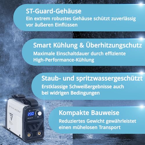 STAHLWERK Elektroden-Schweißgerät ARC 200 MD – MMA (E-Hand) & Lift-TIG (DC) bis 200 A, flexibel einsetzbar ohne Gas, kompakt & 3,4 kg leicht, Smartkühlung, Hotstart-Automatik, Anti-Stick-Funktion – Bild 4