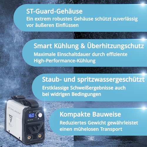 STAHLWERK Elektroden-Schweißgerät ARC 160 MD – Vollausstattung – MMA (E-Hand) bis 160 A, flexibel einsetzbar ohne Gas, kompakt & leicht, DC WIG erweiterbar, Hotstart, Anti-Stick, Smartkühlung – Bild 4