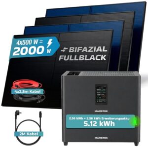 Alternative view of SUNNIVA® 2000W Balkonkraftwerk mit 5,12 kWh Speicher MARSTEK Jupiter C Plus, BIFAZIAL FULLBLACK komplett Steckdose, PV Solaranlage Komplettset mit Solarspeicher, 4x 500W N-Type Glas Bifacial PV