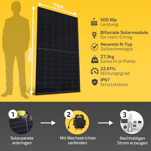 Solakon Solarpanel 500W, Bifazial Glas-Glas N-Type Solarmodul, 40v Full Black Solarmodule/Solar Module für Balkonkraftwerk/Solaranlage, 500w Solar Panel für Photovoltaik Komplettanlage (2 Stk) – Bild 5
