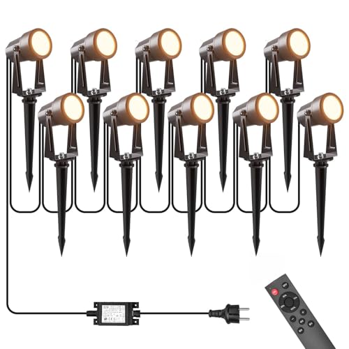 Gartenbeleuchtung mit Strom 35M, 3W*10 Stück Außenbeleuchtung Garten mit Fernbedienung 3000K Warmweiß mit Timer-Funktion, 27V Gartenstrahler LED Außen IP65 Wasserdicht für Weg, Rasen, Hof, Terrasse