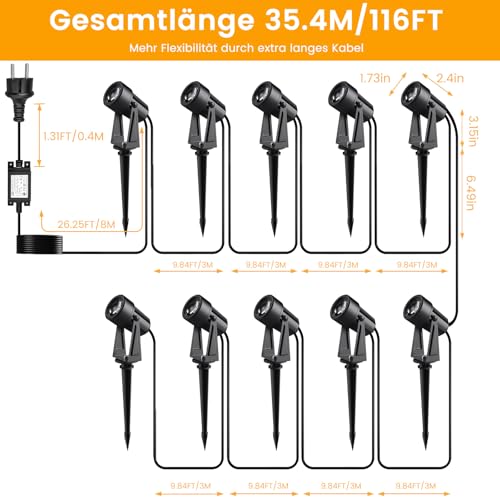 Gartenbeleuchtung mit Strom 35M, 3W*10 Stück Außenbeleuchtung Garten mit Fernbedienung 3000K Warmweiß mit Timer-Funktion, 27V Gartenstrahler LED Außen IP65 Wasserdicht für Weg, Rasen, Hof, Terrasse – Bild 2