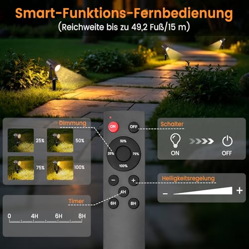 Gartenbeleuchtung mit Strom 35M, 3W*10 Stück Außenbeleuchtung Garten mit Fernbedienung 3000K Warmweiß mit Timer-Funktion, 27V Gartenstrahler LED Außen IP65 Wasserdicht für Weg, Rasen, Hof, Terrasse – Bild 4